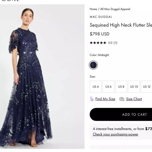 MAC DUGGAL 9192 Sequined High Neck Flutter Sleeve A Line Gown Blue 12 - Picture 2 of 15